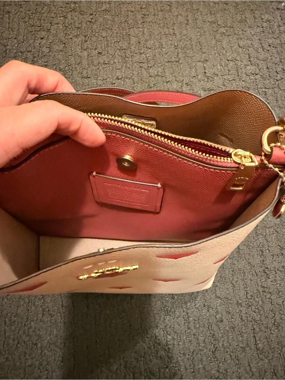 Coach Pink Heart Print Crossbody Bag with Red Trim
